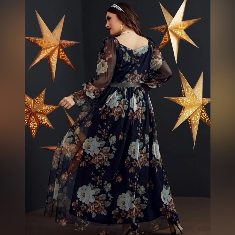 Plus Random Floral Print Overlap Collar Bishop Sl… - image 2